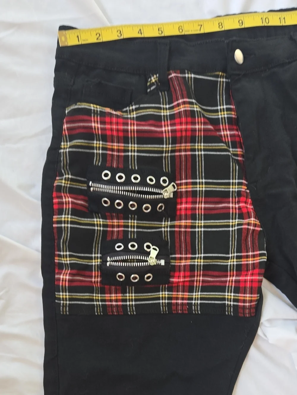 Men's Black Punk Rock Style Jeans With Zippers & Red Squared Patterns In Areas - Picture 4 of 9
